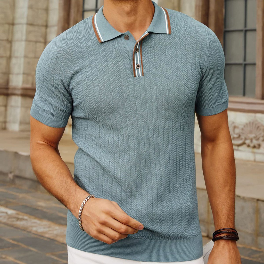 Men's Herringbone Knit Polo Shirt with Contrast Tipping