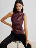 Women's High-Neck Sleeveless Tank Top with Asymmetrical Draped Cut