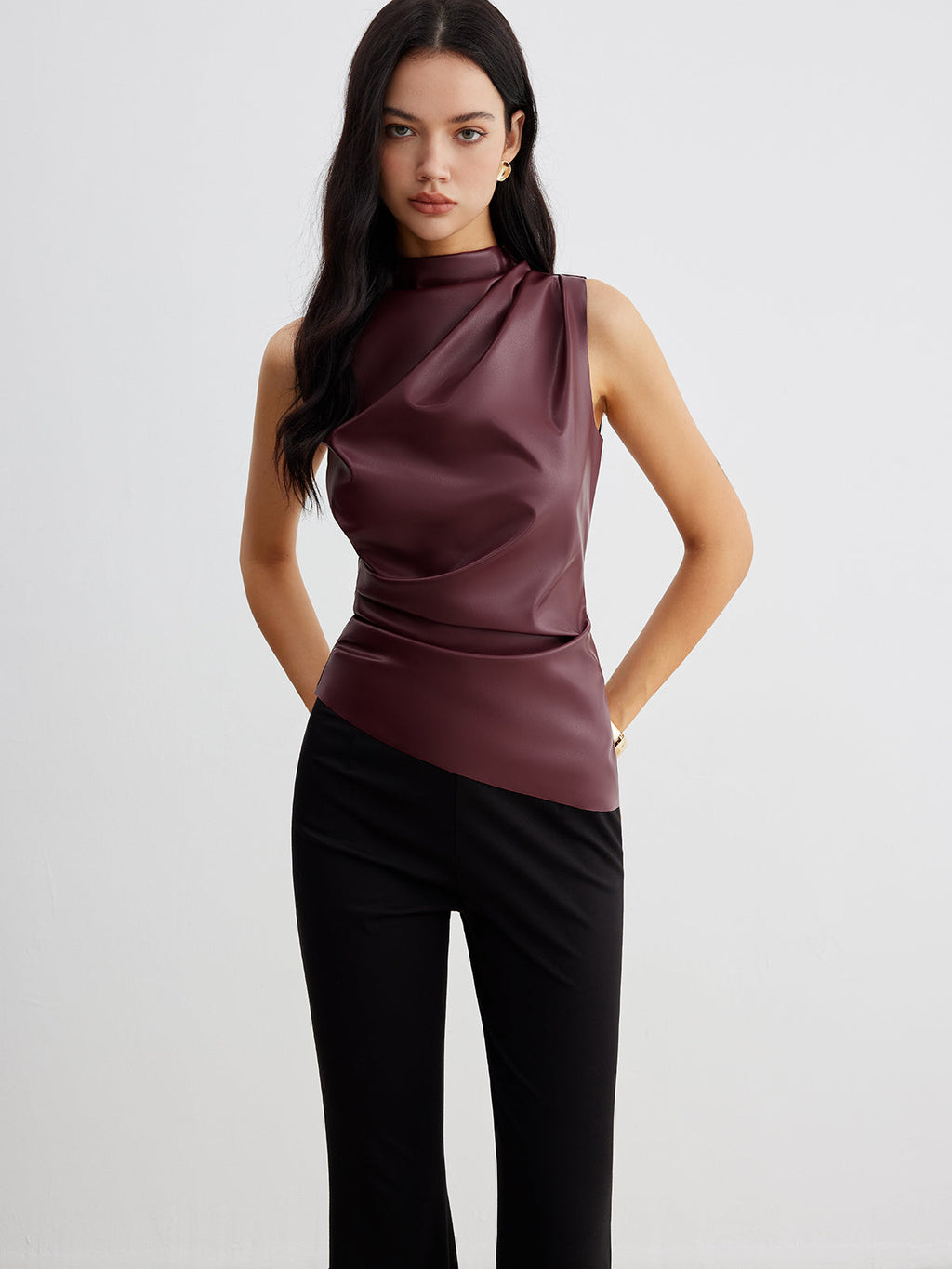 Women's High-Neck Sleeveless Tank Top with Asymmetrical Draped Cut