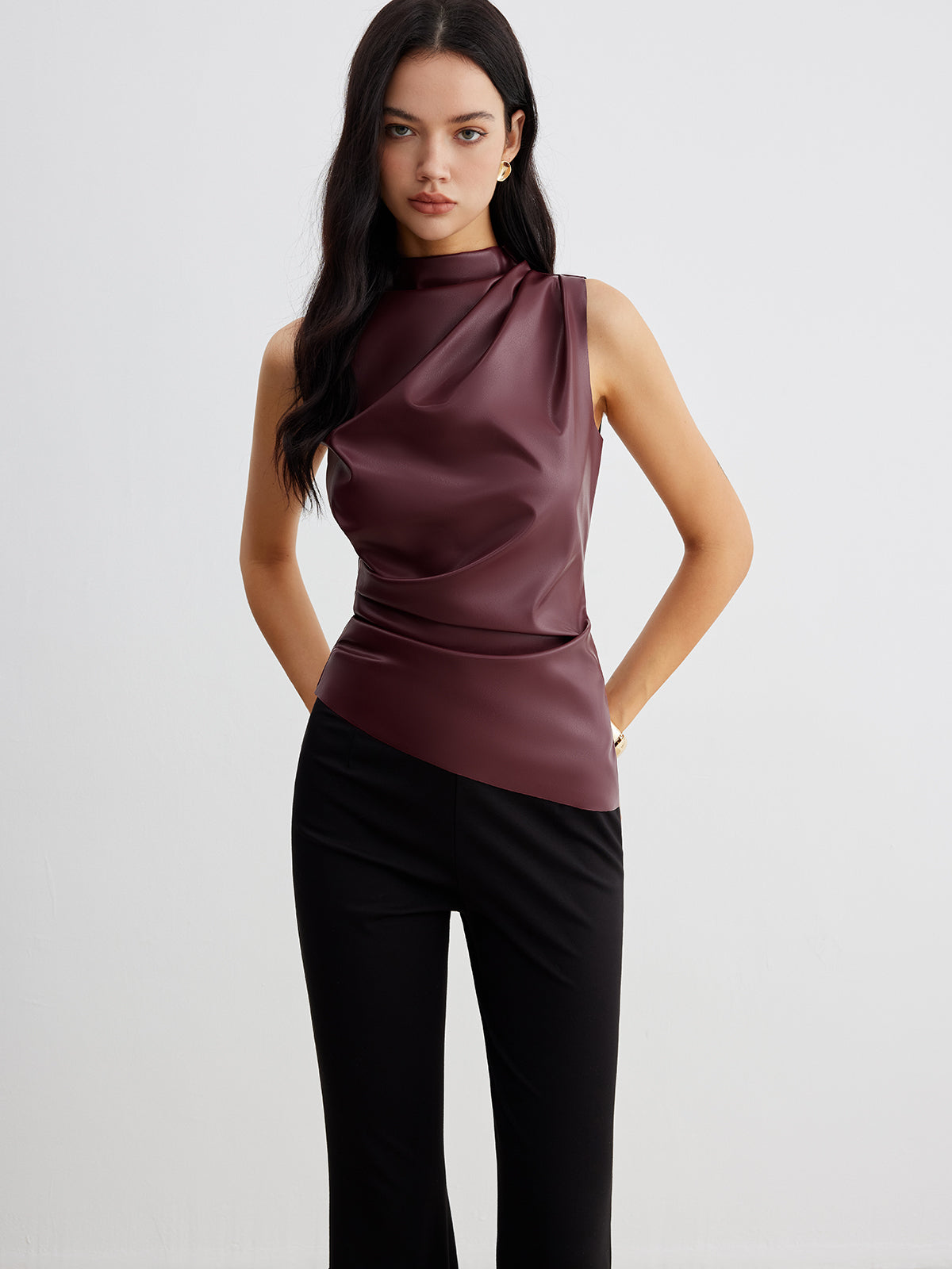 Women's High-Neck Sleeveless Tank Top with Asymmetrical Draped Cut