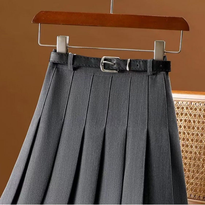 Women's High-Waist Pleated Midi Skirt with Adjustable Belt