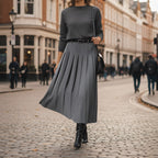 Women's High-Waist Pleated Midi Skirt with Adjustable Belt