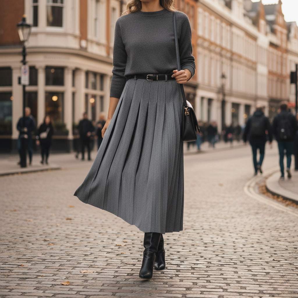 Women's High-Waist Pleated Midi Skirt with Adjustable Belt