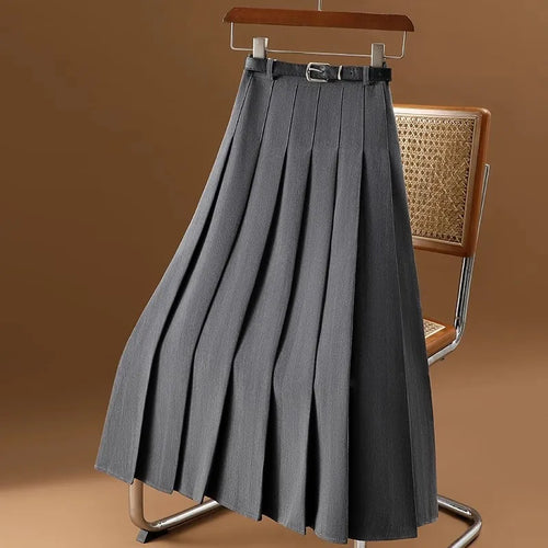 Women's High-Waist Pleated Midi Skirt with Adjustable Belt