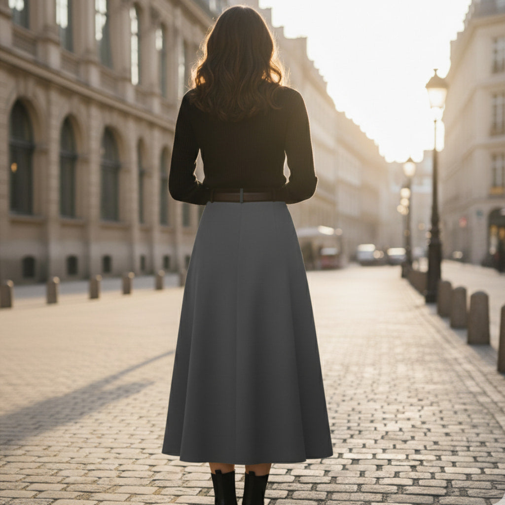Women's High-Waist Pleated Midi Skirt with Adjustable Belt