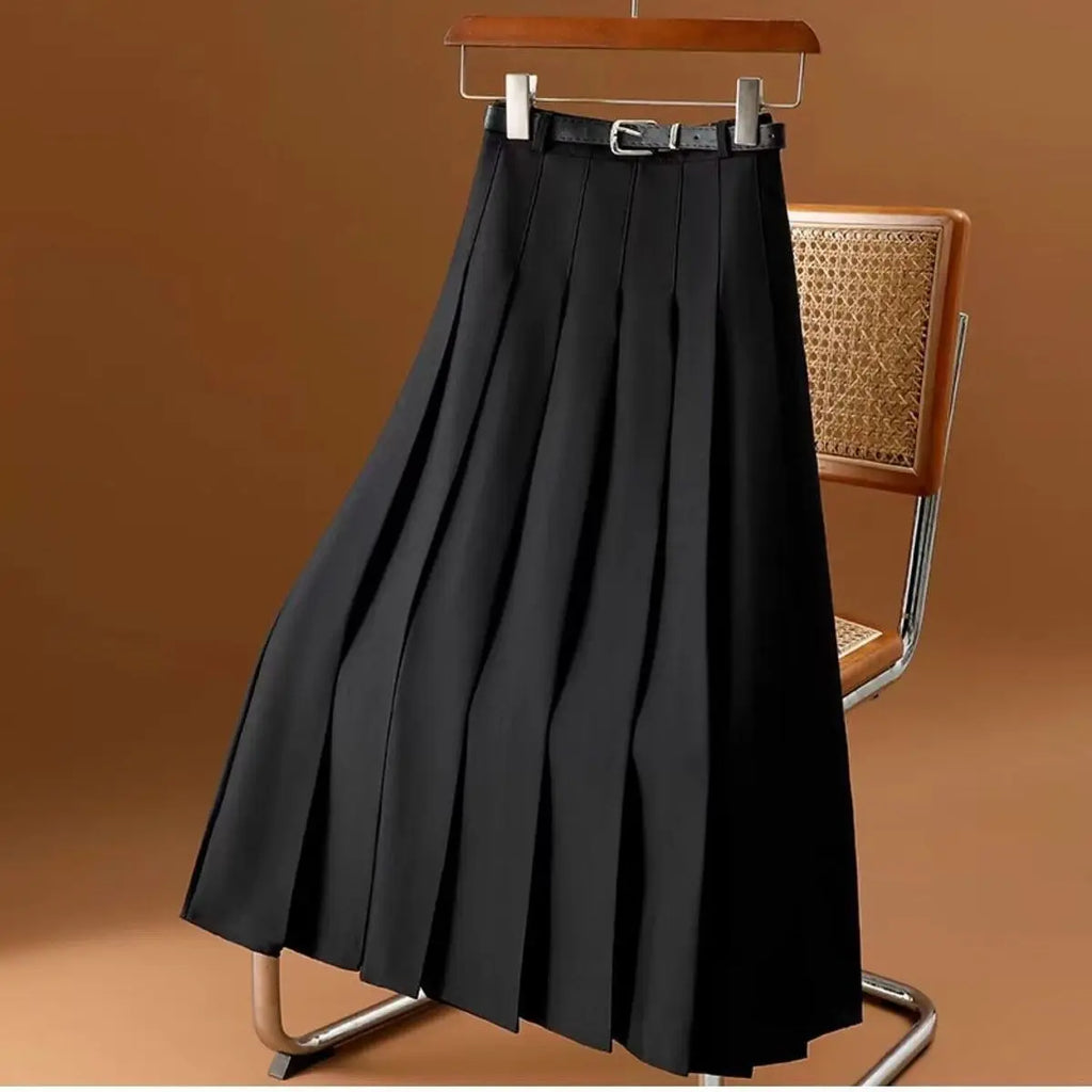 Women's High-Waist Pleated Midi Skirt with Adjustable Belt
