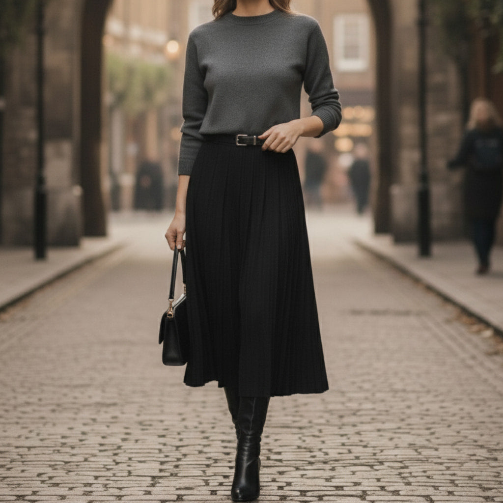 Women's High-Waist Pleated Midi Skirt with Adjustable Belt
