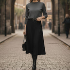 Women's High-Waist Pleated Midi Skirt with Adjustable Belt