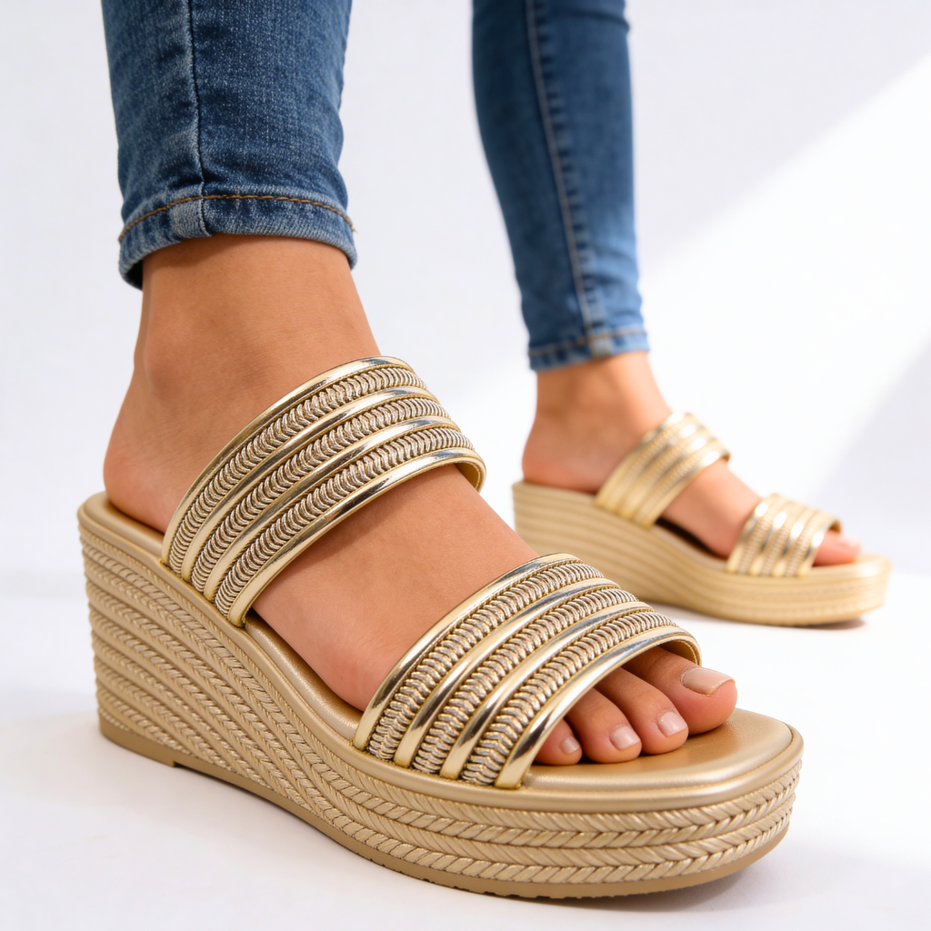 Women's Metallic Espadrille Wedge Sandals with Braided Straps