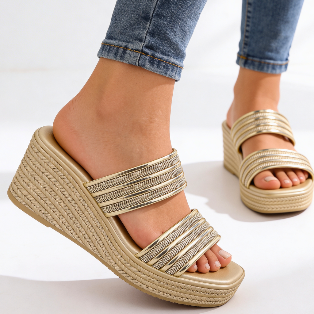 Women's Metallic Espadrille Wedge Sandals with Braided Straps