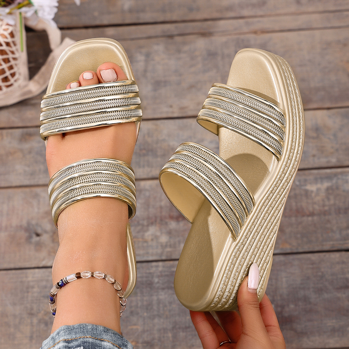 Women's Metallic Espadrille Wedge Sandals with Braided Straps