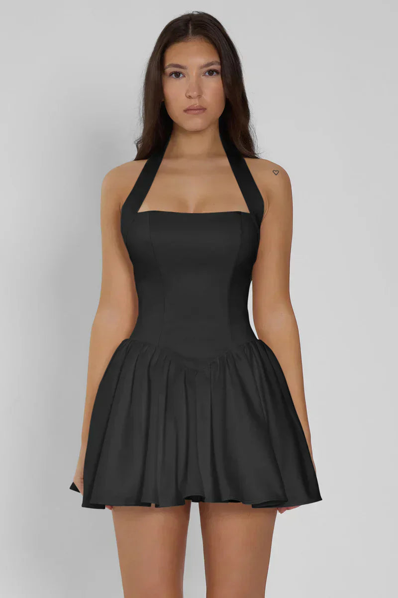 Black Corset Mini Dress with Halter Neck