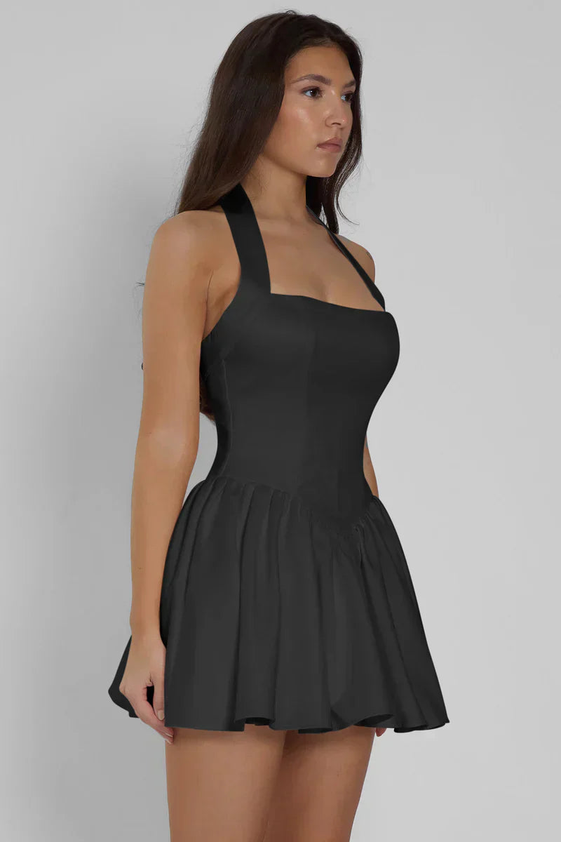 Black Corset Mini Dress with Halter Neck