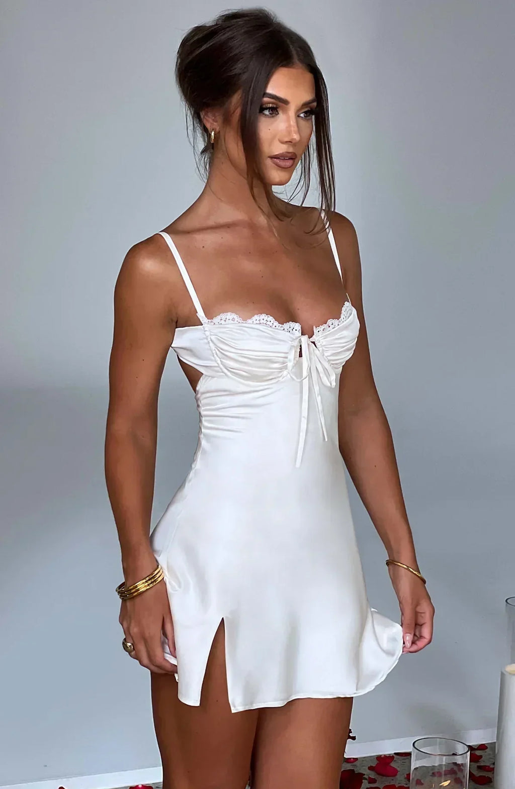 White Mini Dress – Ruched Bust – Underwire Cups – Tie Front – Satin Finish