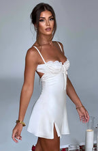 White Mini Dress – Ruched Bust – Underwire Cups – Tie Front – Satin Finish