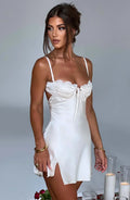 White Mini Dress – Ruched Bust – Underwire Cups – Tie Front – Satin Finish