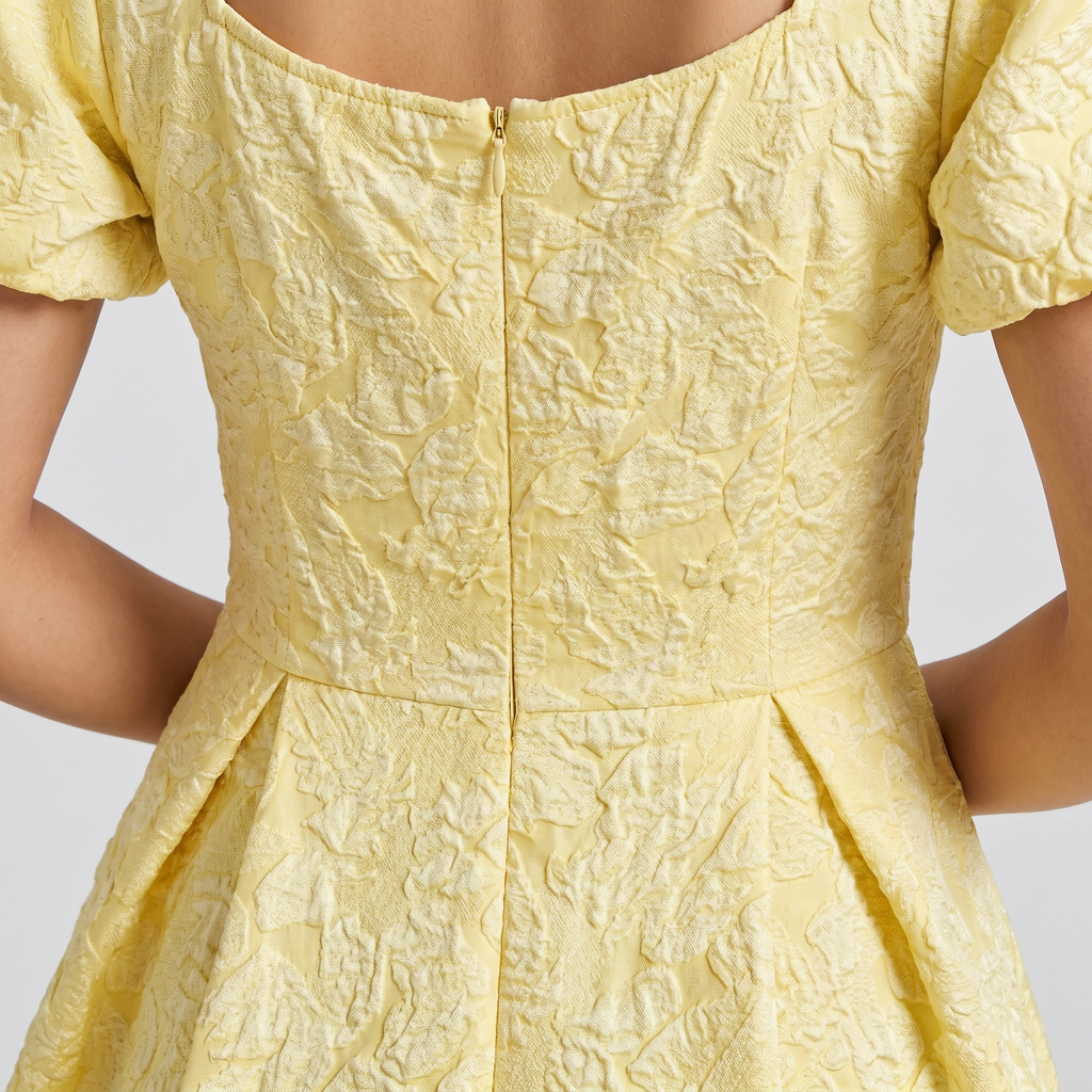 Women's Floral Jacquard Fit-and-Flare Midi Dress with Puff Sleeves