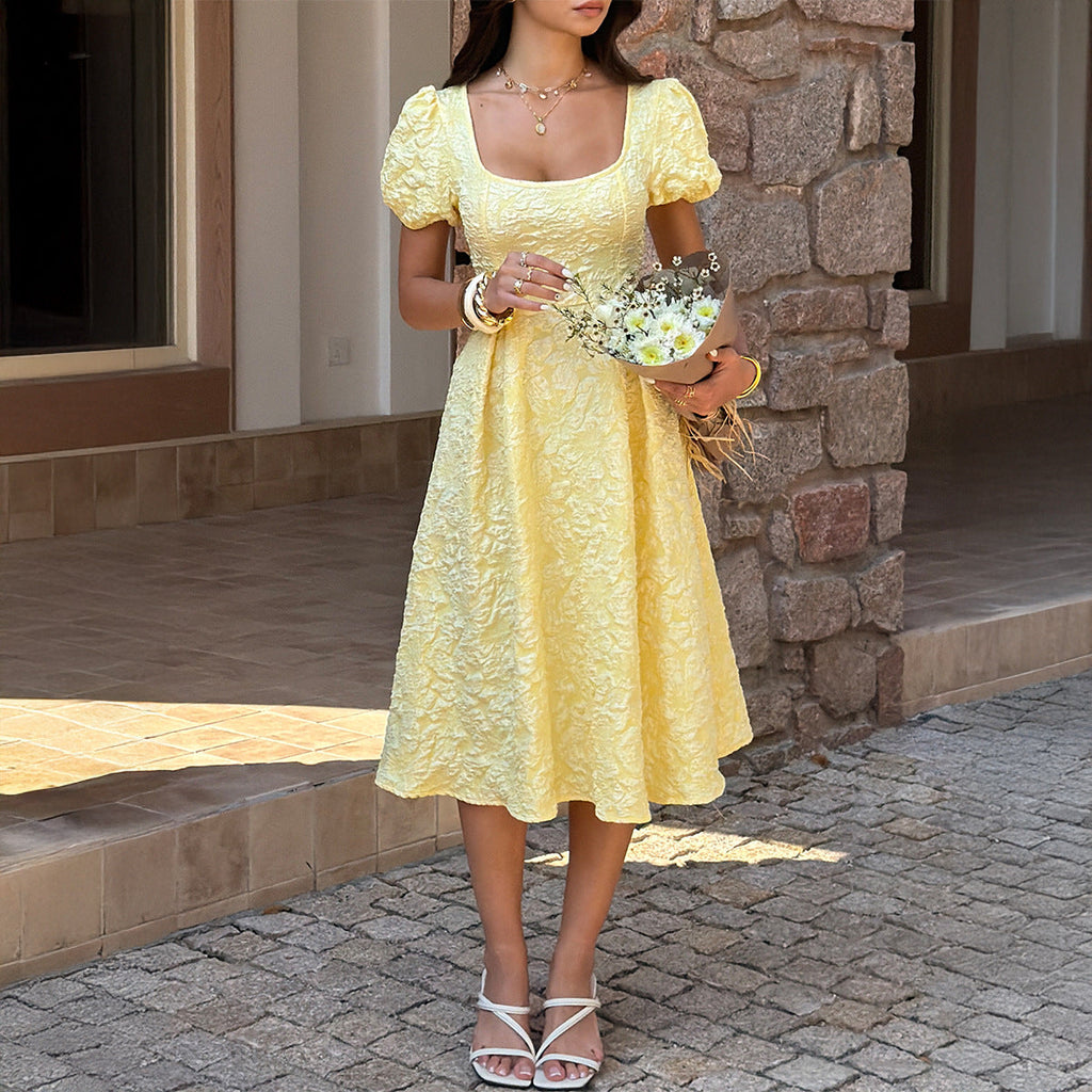 Women's Floral Jacquard Fit-and-Flare Midi Dress with Puff Sleeves