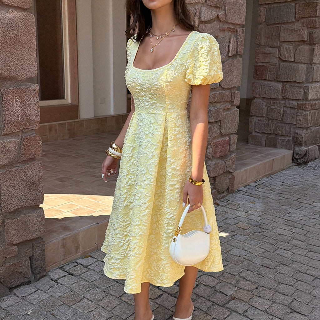 Women's Floral Jacquard Fit-and-Flare Midi Dress with Puff Sleeves