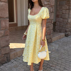 Women's Floral Jacquard Fit-and-Flare Midi Dress with Puff Sleeves