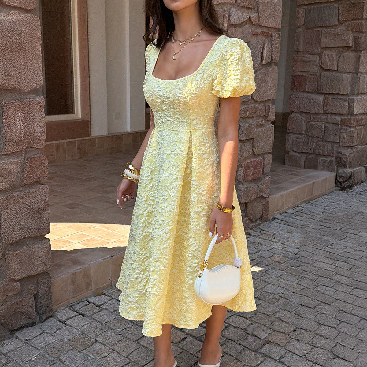 Women's Floral Jacquard Fit-and-Flare Midi Dress with Puff Sleeves