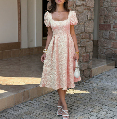 Women's Floral Jacquard Fit-and-Flare Midi Dress with Puff Sleeves
