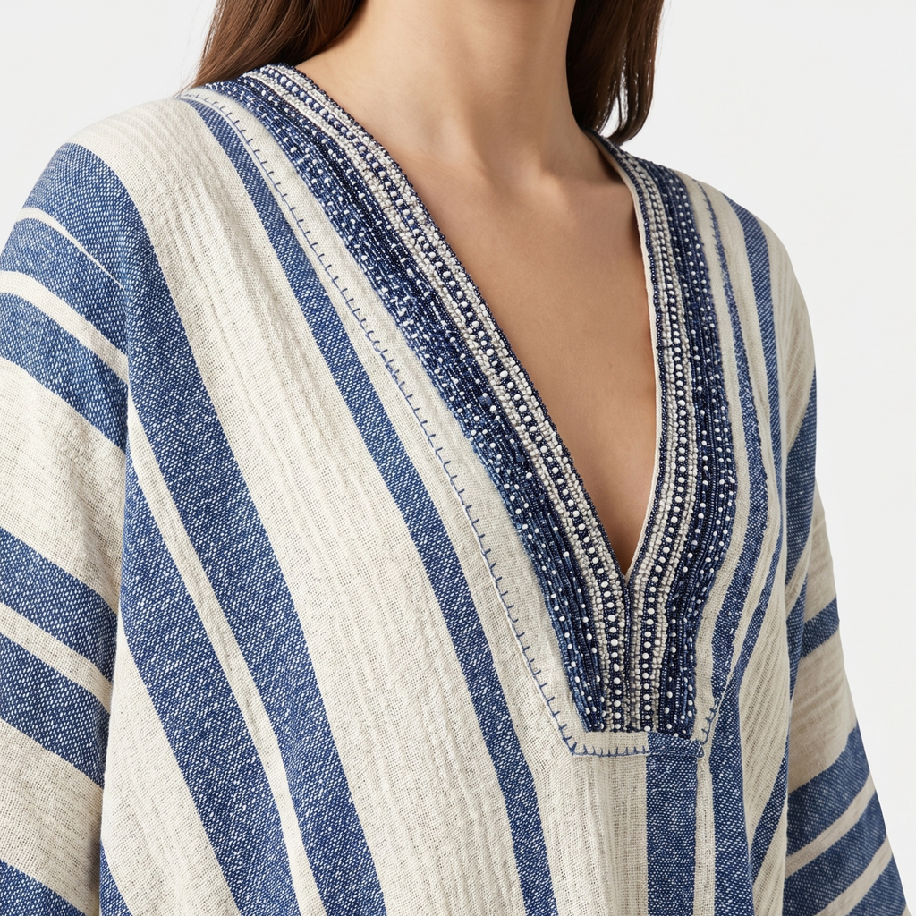 Women's Striped Kaftan Beach Tunic with Embroidered V-Neck