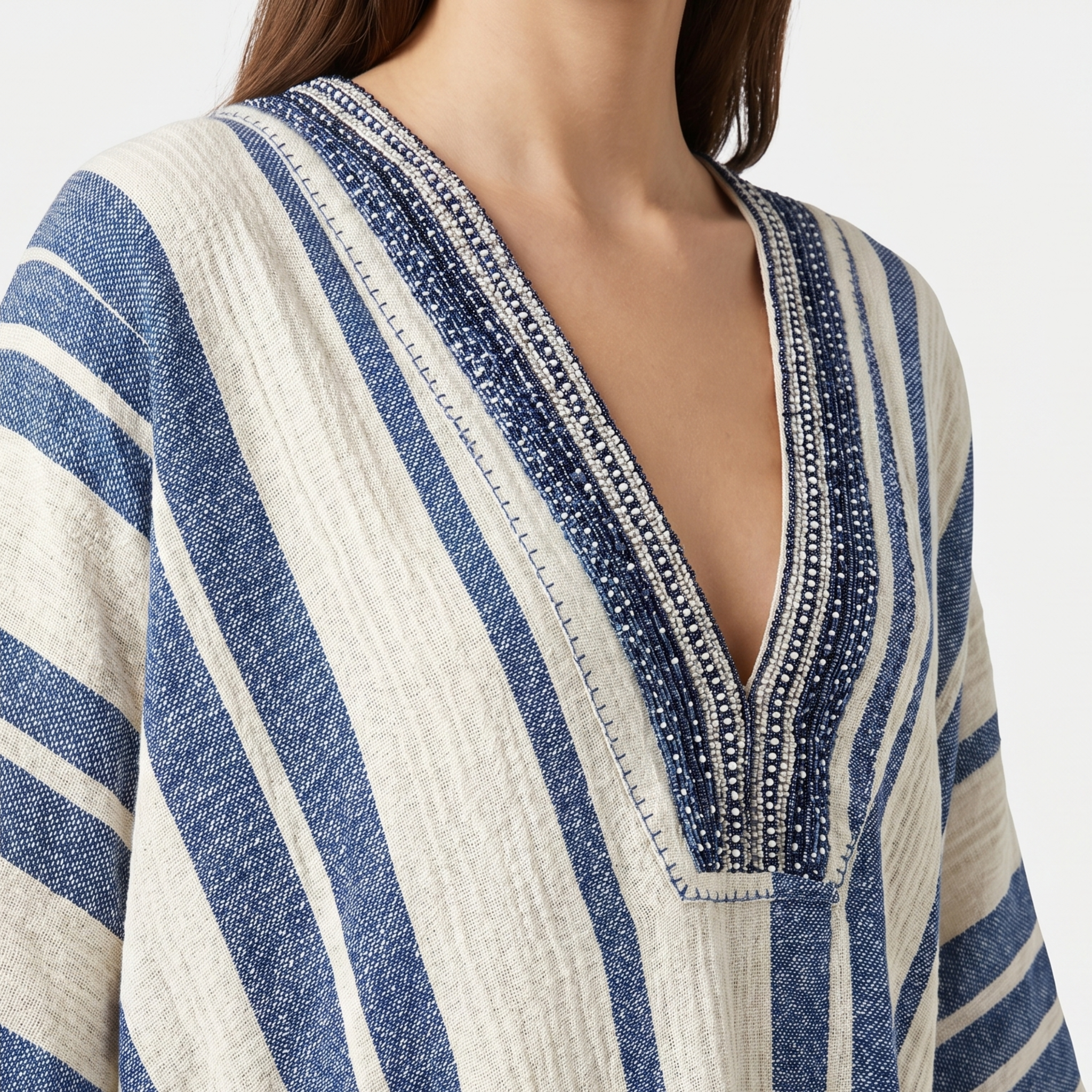 Women's Striped Kaftan Beach Tunic with Embroidered V-Neck