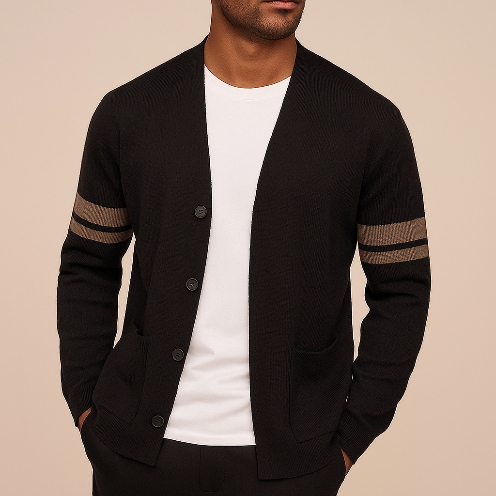 Men's Knit Casual Cardigan with Contrast Sleeve Stripes