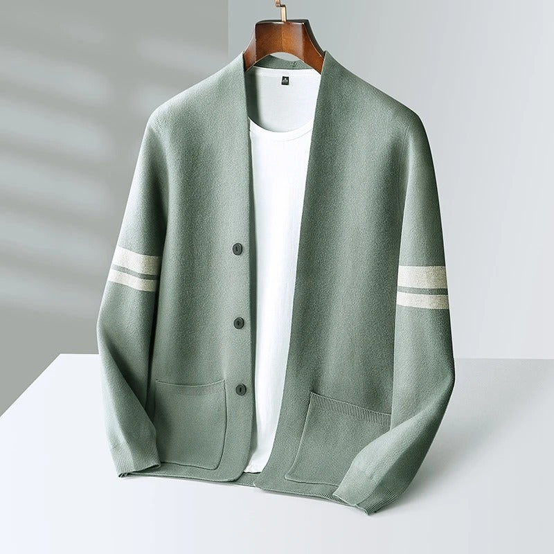Men's Knit Casual Cardigan with Contrast Sleeve Stripes