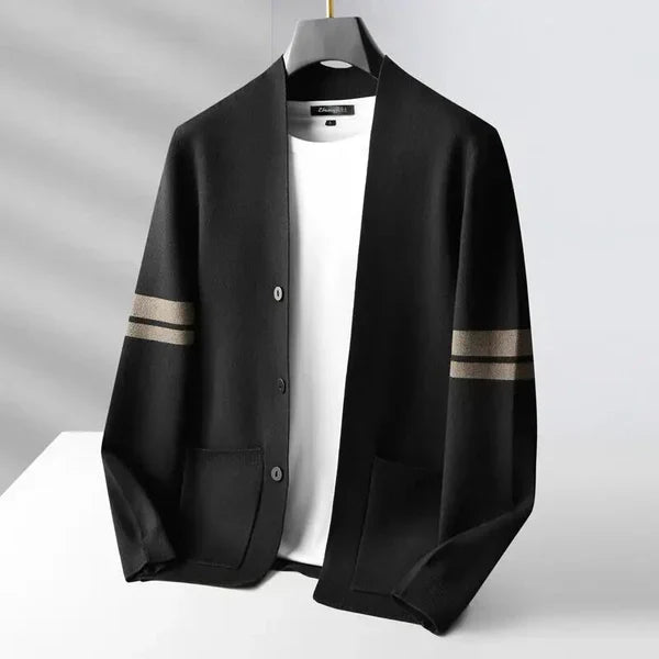 Men's Knit Casual Cardigan with Contrast Sleeve Stripes