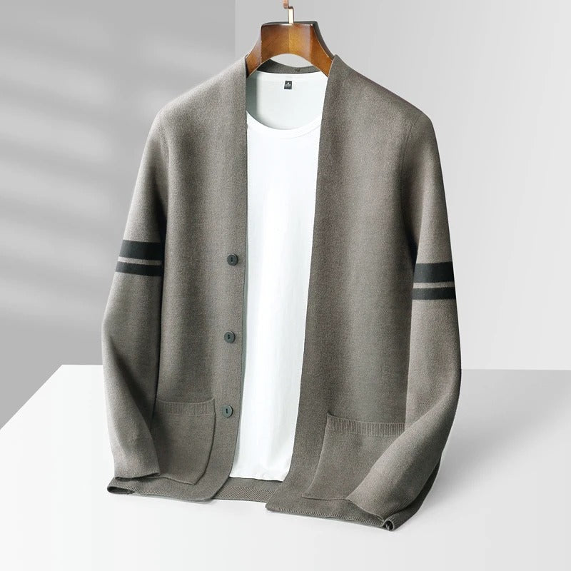 Men's Knit Casual Cardigan with Contrast Sleeve Stripes