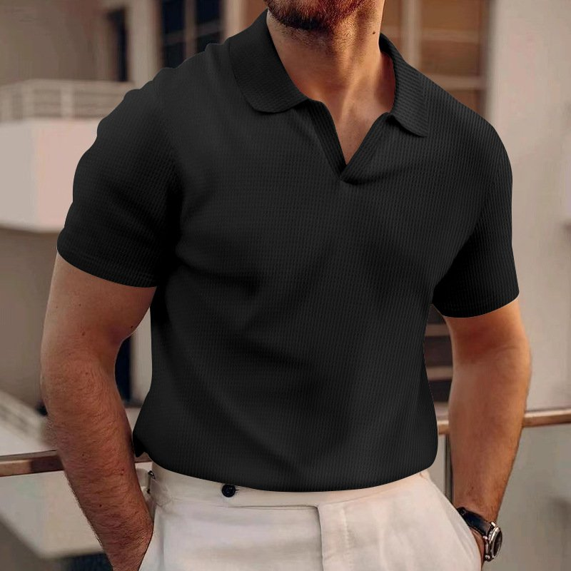Men's Ribbed Knit Polo Shirt with V-Neck Placket