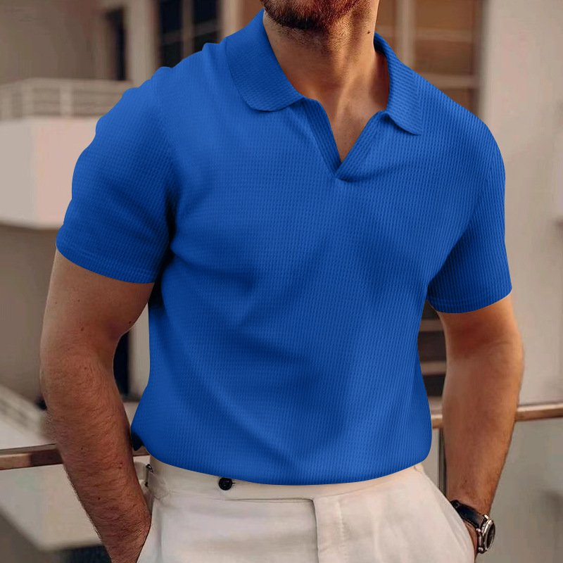 Men's Ribbed Knit Polo Shirt with V-Neck Placket