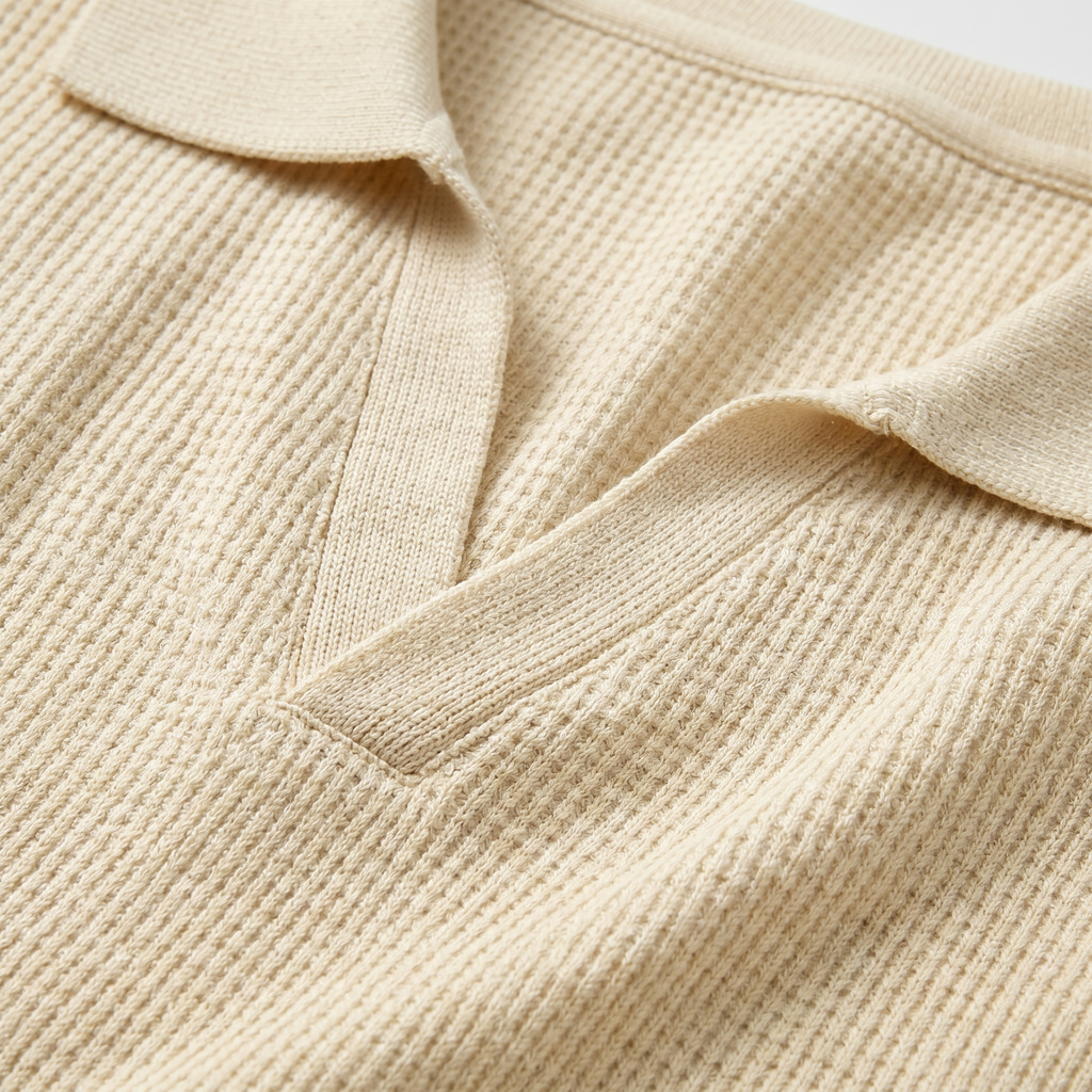 Men's Ribbed Knit Polo Shirt with V-Neck Placket