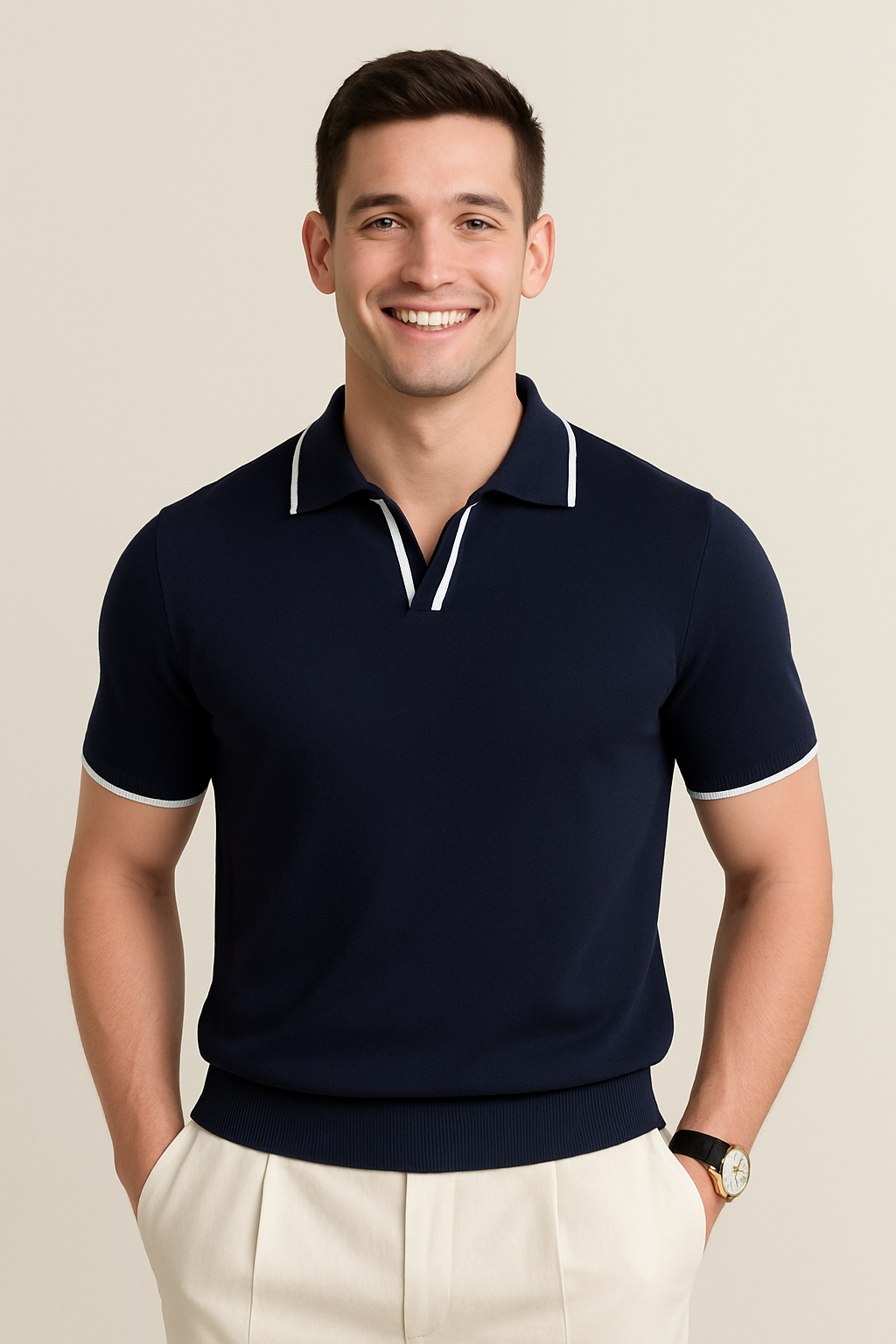 Men's Knit Polo Shirt with V-Neck Placket