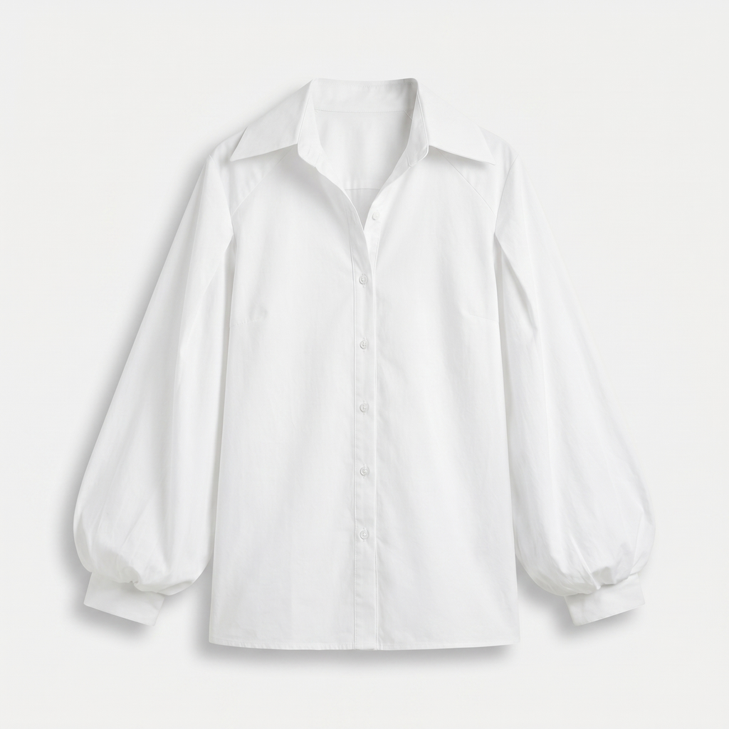 Women's Cotton Button Blouse with Balloon Sleeves
