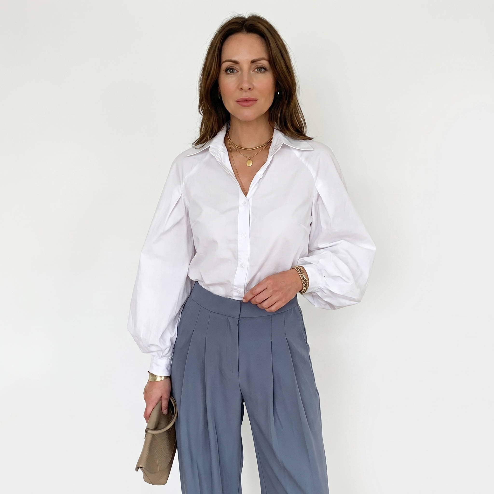 Women's Cotton Button Blouse with Balloon Sleeves
