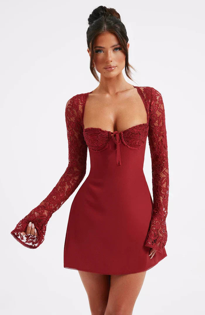 Red Lace Mini Dress with Sheer Sleeves