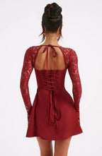 Red Lace Mini Dress with Sheer Sleeves