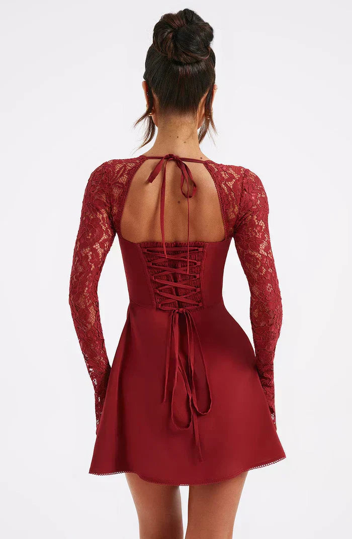Red Lace Mini Dress with Sheer Sleeves