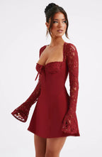 Red Lace Mini Dress with Sheer Sleeves