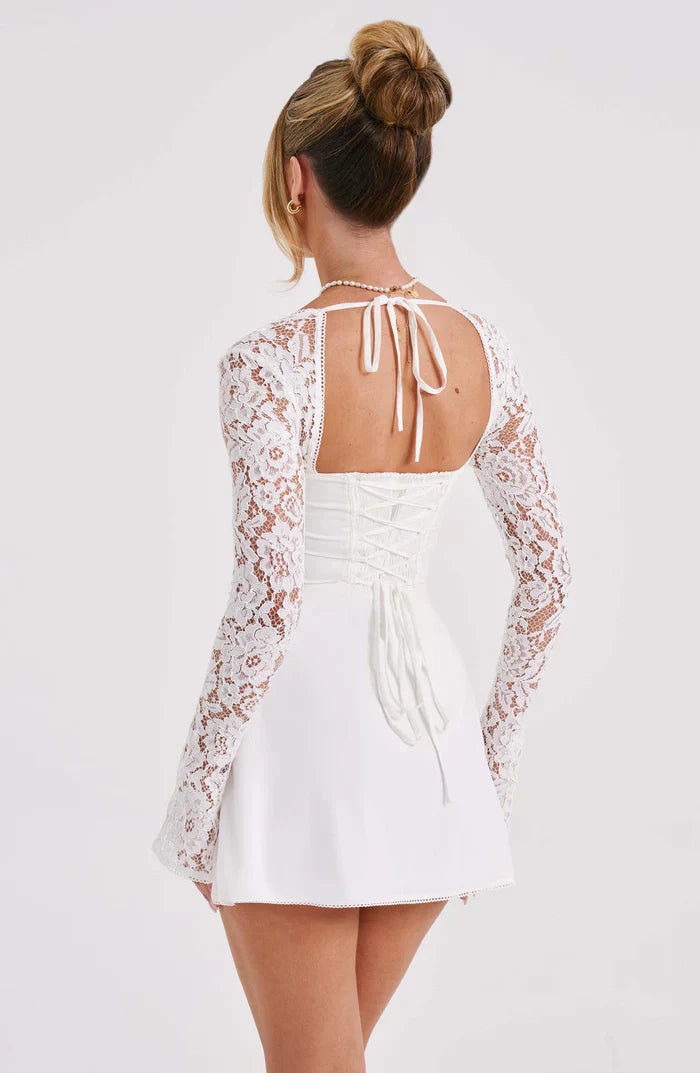 White Lace Mini Dress with Sheer Sleeves