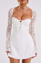 White Lace Mini Dress with Sheer Sleeves
