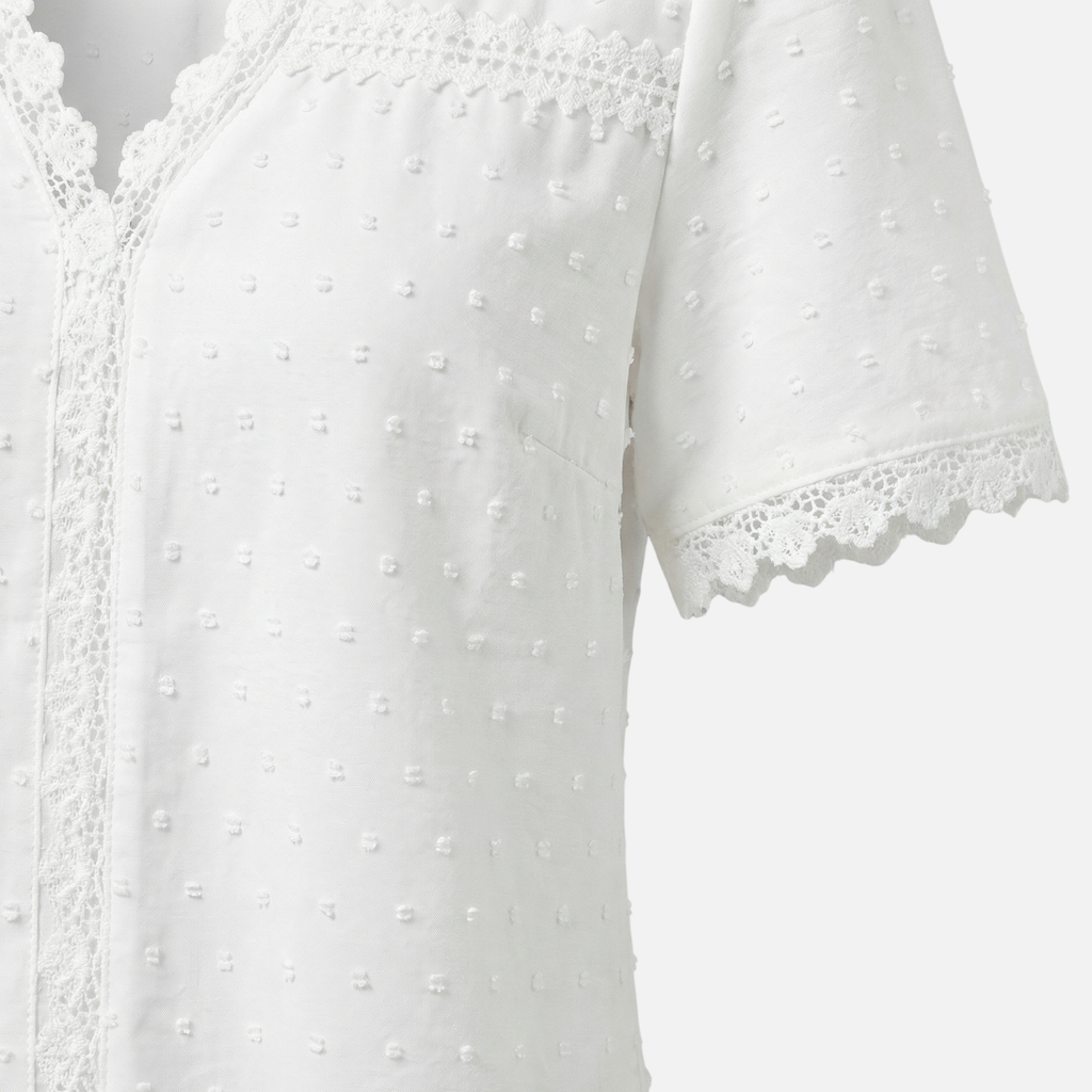 Women's Lace-Trimmed Textured Blouse with V-Neckline