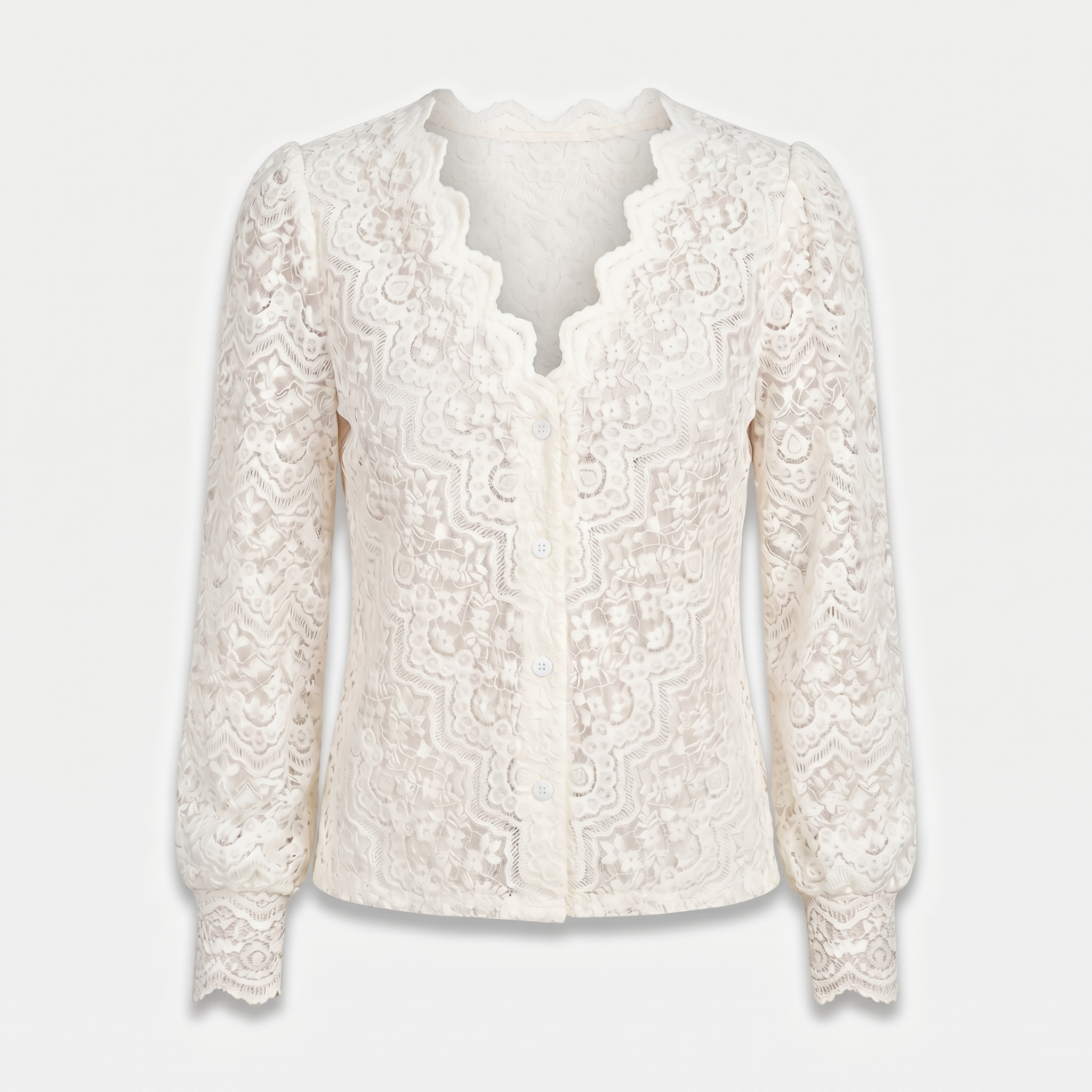 Women's Lace Blouse with Scalloped V-Neck