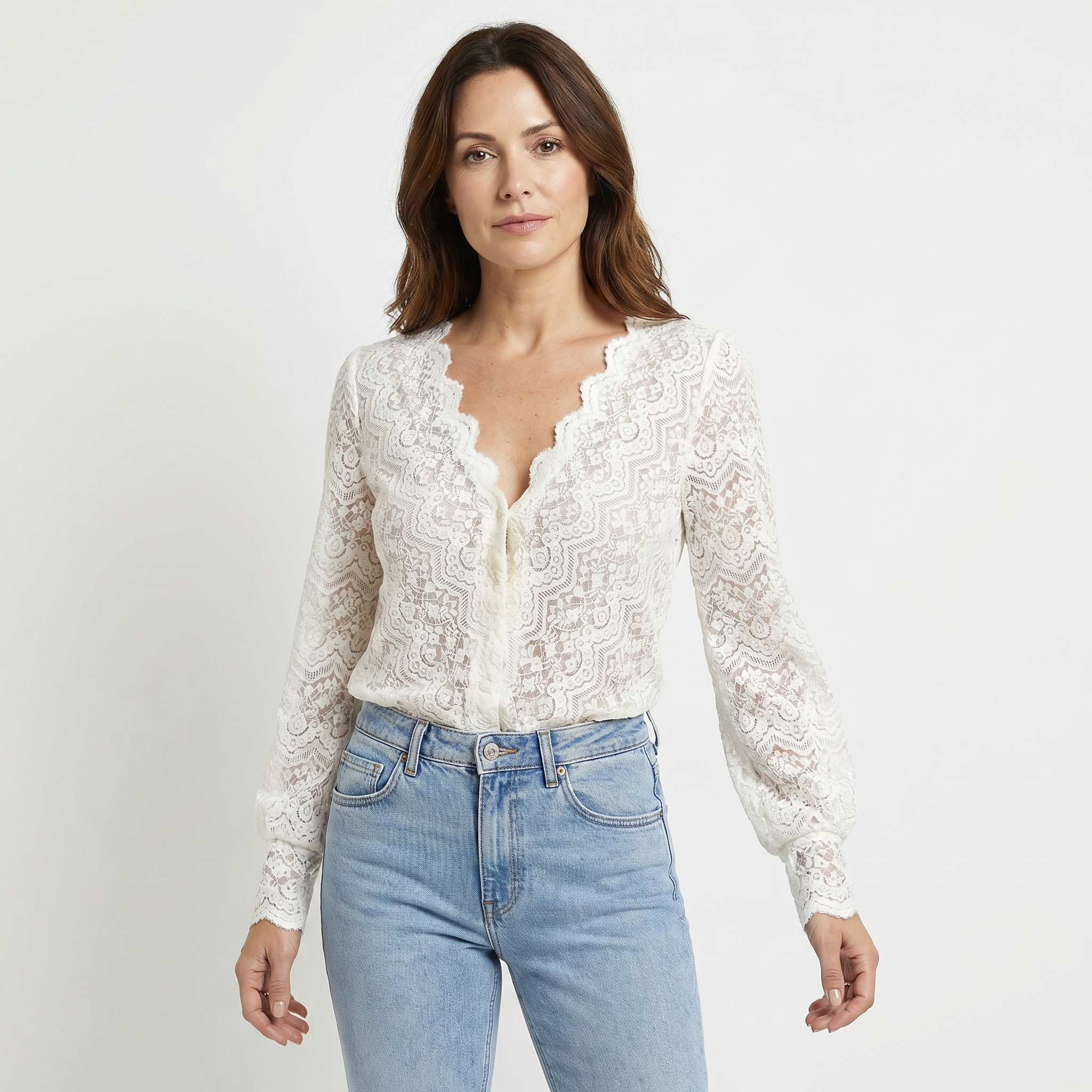 Women's Lace Blouse with Scalloped V-Neck
