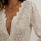 Women's Lace Blouse with Scalloped V-Neck