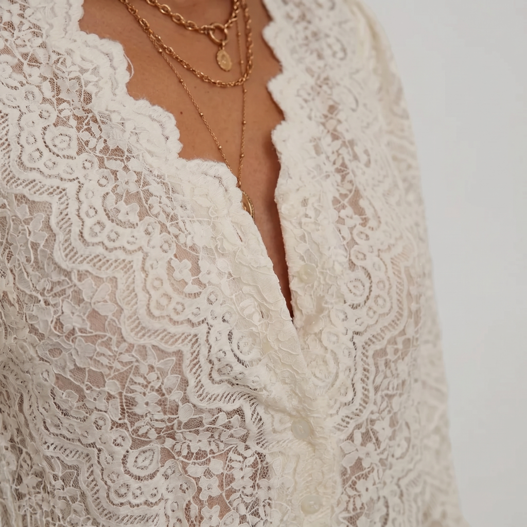 Women's Lace Blouse with Scalloped V-Neck