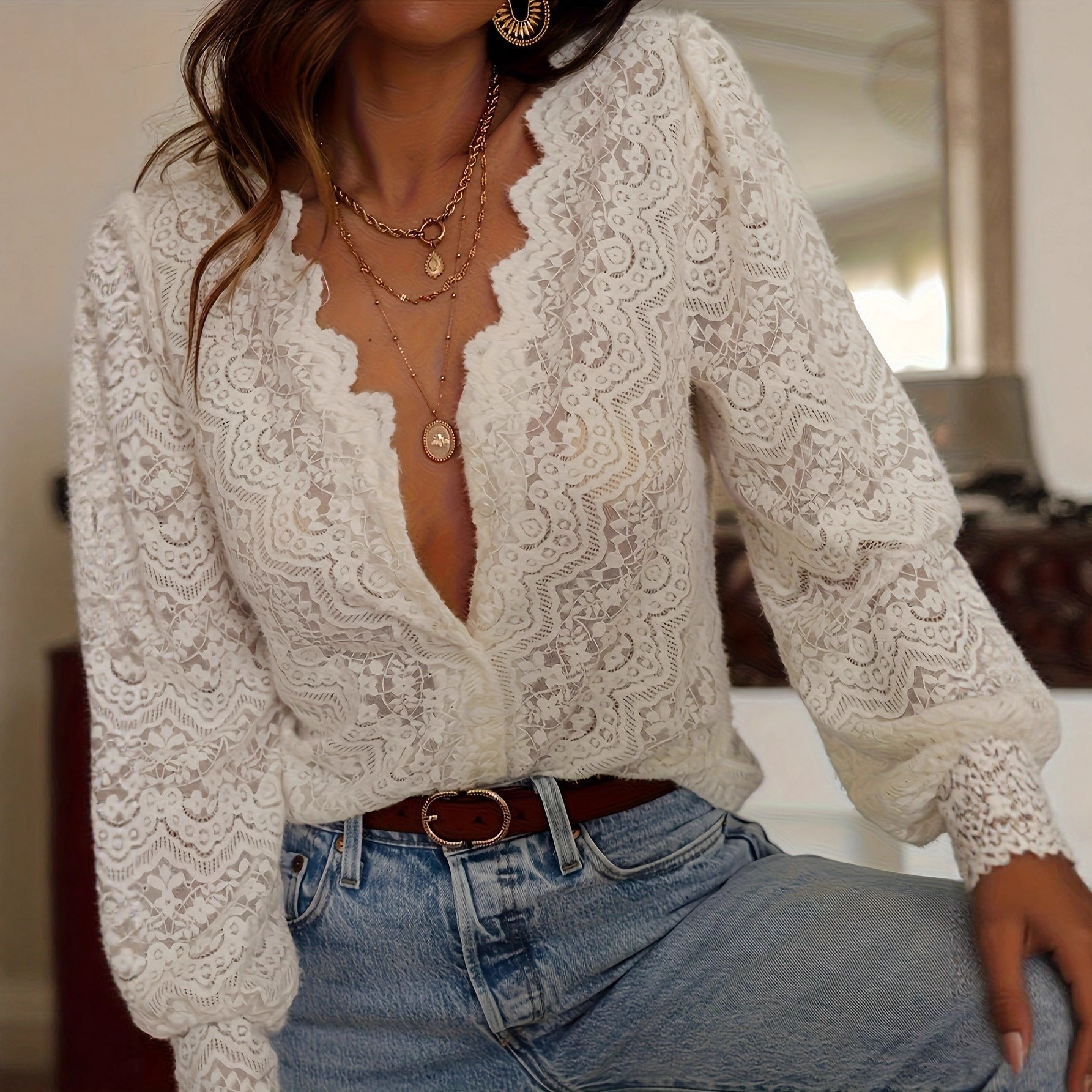 Women's Lace Blouse with Scalloped V-Neck